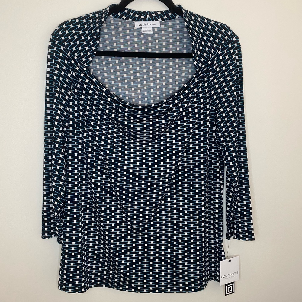 Liz Claiborne Collection Women’s Geometric Cowl Neck 3/4 Sleeve Sz Large Blouse